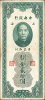 中央銀行關金券5枚,包括:(1)美鈔版民國19年10元背號雙軌,中折,85新;(2)美鈔版民國19年20元背號雙軌,三折,80新;(3)美鈔版民國19年500元雙軌,數折左下角小缺,77新;(4)保安版民國36年2000元,數折,79新;(5)中央版民國36年1000元小號三字軌,中折四角尖圓角,79新