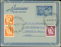 1957年加拿大10分航簡,加貼紐西蘭票3枚,查塔姆群島寄加拿大,銷WAITANGI 8 NO 57 CHATHAM ISLANDS