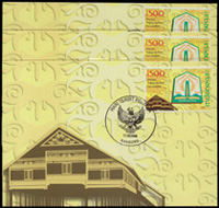 2008年印尼建築物原圖片36片(11種),票均貼正面銷HARI TERBIT PERTAMA 2008.8.17 BANDUNG戳,VF-F