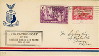 1936年馬尼拉寄廈門首航封,貼美屬菲律賓郵票6分1枚.加蓋航空票10分1枚,銷馬尼拉1936.FEB.16機銷宣傳戳,背銷思明廿五年二月廿四日(今廈門)機宣到戳,另銷英國皇家空軍飛艇戳(Page 145)