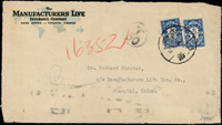 1931年加拿大寄上海西式欠資封,未貼加拿大票,抵上海補貼倫敦版欠資2角.3角各1枚,銷上海18.11.31,旁另銷圓形『T/50』加拿大欠資章,僅存封面(Page 145)