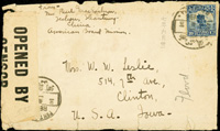 1918年河北寄美國水路封,貼北京一版帆船1角,銷北戴河南山七年六月卅一,加貼一戰檢查封條(Page 145)