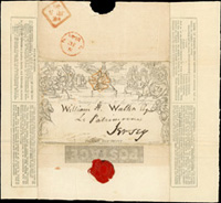 英國1840年1d Mulready Lettersheet,寄英屬澤西(JERSEY),銷紅色馬爾他十字戳,另有二枚紅色JU.5.40及JU.7.40轉落戳(Page 188)