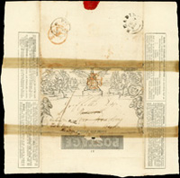 英國1841年1d Mulready Lettersheet(A1),寄英格蘭伯克郡雷丁,因故改址,銷紅色馬爾他十字戳,背銷黑色(雷丁)READING FE.9.1841戳,另有二枚轉落戳(Page 188)