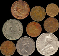 各國錢幣9枚,包括:(1)香港1987年伊莉莎白二世1毫銅幣;(2)香港1963.1964.1965.1967年伊莉莎白二世1毫黃銅幣各1枚;(3)香港1978年伊莉莎白二世1元鎳幣;(4)新加坡1972年50分鎳幣;(5)1920年美屬菲律賓1分銅幣;(6)1917英屬印度喬治五世1盧比銀幣;以上品相混合,VF-XF;歡迎網上流覽