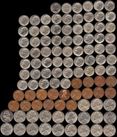1955~2000年美國流通鎳幣共105枚,含:1分19枚,5分21枚,10分65枚,有重複,流通普品