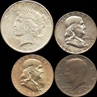 美國(AMERICA)錢幣4枚,包括:(1)1958及1963年富蘭克林HALF DOLLAR銀幣各1枚,XF-AU;(2)1972年甘迺迪HALF DOLLAR鎳幣,AU;(3)1925年和平鷹ONE DOLLAR銀幣,AU