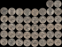 美國喬治·華盛頓總統圖25分鎳幣共42枚,含:(1)1965~1998年各1枚,無1975年;(2)各州流通紀念幣9枚,含:1999年1枚,2000年3枚,2004-2007年及2013年各1枚;以上流通普品