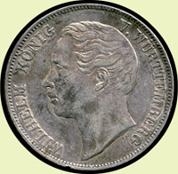 德國(GERMANY)1857年符滕堡威廉一世像1 THALER銀幣,重18.5克,XF,Krause KM#601 (Page 26)