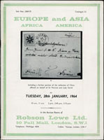 英國倫敦Robson. Lowe Ltd. 1964年1月《歐.亞.非洲.美國郵品》拍賣目錄,內容收錄中國大龍全張,大龍參分銀無齒全張成交£115,慈壽票實寄封等珍郵,附成交價格表,微黃.污,保存不錯,重約185克