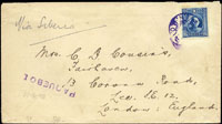 1941年寄英國輪船封,貼國父像倫敦單圈25分1枚,銷藍色1941.9.10/I.N.P.O.日本戳與『PAQUEBOT』戳(Page 163)