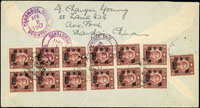 1947年上海寄美國航掛封,背貼國父像加蓋國幣500元13枚,銷上海(代八),美國2.APR.1947轉落戳3枚(Page 164)