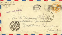 1937年美國6分航空郵簡寄長沙,銷MOUNT 22.MAY.1937,經湖南長沙卄六年六月十九,湖南高村卄六年六月卄五(Page 164)