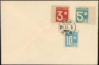1945年西式白封,貼日郵數字原票3錢,5錢,10錢各一枚,蓋銷台北州/台北20.11.3櫛型戳(Page 187)