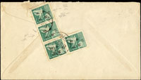 1950年台北寄美國航空封,背貼一版飛雁1元窄距4枚(最左枚『1』字上移位變異),銷台北18.8.50(Page 207)