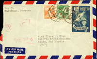 1952年台北寄美國航空封,貼二版飛雁5元,鄭像4角,地方自治1元各1枚,銷台北1.1.52(Page 207)