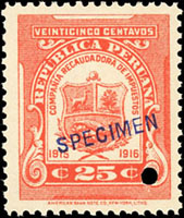 1916年祕魯(PREU)25分印花稅票加蓋SPECIMEN樣票1枚,美鈔公司印製,原膠未貼,VF(Page 227)