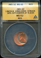 美國(AMERICA)林肯像1分銅幣,正背面皆打印大移位變體,ANACS MS62(Page 53)