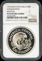 哥斯大黎加(COSTA RICA)1974年世界聯合保護動物50元及100元精制紀念銀幣,2枚一組,NGC PF 69 ULTRA CAMEO,高分少(Page 59)