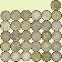 日本雙鳳50錢銀幣31枚,包括:昭和3年及大正12年各6枚,大正13年4枚,大正15年3枚,大正4年.昭和6.7年各2枚,昭和4.8.9.10.11.12年各1枚,XF-AU