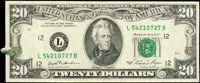美國(AMERICA)1981年安德魯·傑克遜像20美元,左側緣原紙撕損摺紙,背面圖印於正面,背面露白變體,數折,80新(Page 110)
