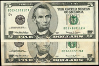 美國(AMERICA)鈔券7枚,包括:(1)1993年安德魯·傑克遜像20美元,AA字軌,A記,5個A,數折,77新;(2)1976年托馬斯·傑斐遜像2美元2枚,其中1枚黃斑左上角缺角,約75新,另1枚97新;(3)林肯像5美元4枚,含:1995及1999年各2枚,其中1枚黃斑皺褶,約77新,其餘95新(Page 110)