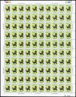 常109.無面值郵票2全一大全張100套,原膠折版無黃斑,其中國內信函基本郵資左下1個污點,總面值共計NT$2300元,VF-F