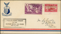 1936年馬尼拉寄廈門首航封,貼美屬菲律賓郵票6分1枚.加蓋航空票10分1枚,銷馬尼拉1936.FEB.16機銷宣傳戳,背銷思明廿五年二月廿四日(今廈門)機宣到戳,另銷英國皇家空軍飛艇戳(Page 115)