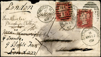 英國1869年貼紅便士有齒2枚實寄封1件(微破損),1849年貼紅便士無齒2枚實寄封2件(微破損),共3件(Page 233)