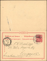 1901年德國雙明信片10分,銷BERLIN,S.W 26.6.01戳,旁銷SINGAPOR JY.22.1901到戳(Page 233)