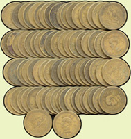 台灣流通硬幣277枚,包括:民國43年國父像5角銅幣75枚;民國59~66年蔣像5元鎳幣37枚;民國49~66年蘭花圖1元鎳幣165枚;流通品,VF-XF