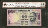 印度(India)2015年甘地像50元連號10枚,含趣味號及小趣味號:000001~0000010,均評級ACCA Gem Uncirculated 66 EPQ(Page 89)