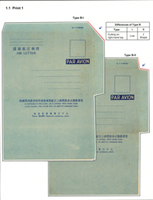 林目#國際1(I1).國際航空郵簡一版(申一版)詳分版式二件:(1)B-I型新未使用1件;(2)B-II型新未使用1件 註:B-I型為右上角封口印有「100,000/14.i1.37」字樣邊角為斜切一刀;B-II型為右上角封口印有「100,000/14.i1.37」字樣邊角為直角切一刀,再斜切一刀L型