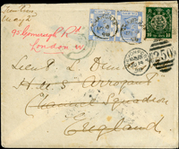 1898年天津寄英國封,貼日本版蟠龍1角1枚,銷天津八卦戳,旁另銷天津海關挖字戳,經上海銷上海閏三月(7.MAY.98)大圓戳,轉上海英國客郵局加貼港郵5仙2枚,銷上海英國9.MY.98客郵戳,轉香港12.MAY.98,英國RADOINCTION 14.JU.98到戳;郵路清晰完整(Page 103)