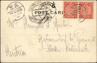 1906年北京市街黑白片,格式面貼蟠龍2分2枚,銷北京1906.APR.23漢英小圓戳,經上海AP.30.06英國客郵局,寄奧地利到戳不清(Page 106)