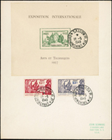1937年廣州灣租借地之法屬安南郵政發行「法國屬地藝術展覽會紀念小全張加蓋廣州灣」1枚及法屬廣州灣1939年紐約博覽會紀念票2枚全套,銷法屬越南西貢1949.5.19,寄美國;廣州灣租借地即今之「中國湛江」,附影印資料二頁(Page 111)