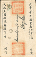 1916年雲南寄大瑙威國駐滬總領事館掛號大型官封,貼安南客郵14分.2分各1枚,銷雲南府1916.JAN.X法國客郵戳不清,背銷上海1916.1.19客郵到戳 (Page 128)