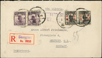 1928年上海寄德國水路西式封,貼帆船7分2枚,北京二版帆船改值3分2枚,銷上海3.12.28,背銷LEIPZIG/1928.12.18到達戳(Page 128)