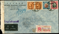 1940年航掛西式檢查封,貼國父像香港中華二版2元.5元各1枚,香港商務版烈士像4角2枚,計郵資7.8元,銷上海40.8.27中英戳,經香港1940.AU.30寄南非,封口貼有香港檢查封條(Page 137)