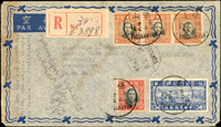 1943年保山寄美國航掛西式封,貼國父像香港中華二版1元3枚.5元1枚,節約建國5角1枚,銷保山32.1.27中英戳寄美國,經昆明1943.2.9戳,背銷佛羅里達州邁阿密1943.APR.19戳,康乃狄克州沃特伯里1943.APR.21到達戳,封口貼有檢查封條(Page 137)
