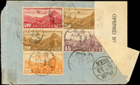 1942年廣東寄美國航空檢查封,背貼香港版航空5元.45分.25分各1枚.2元2枚,銷廣東台山X.9.11戳,經桂林卅一年九月卄一中轉,封口有檢查封條及DHF/21檢查章 註:1941年底,香港國際航線已斷,改由桂林機場轉運(Page 137)