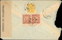 1943年東川寄美國航空檢查封,背貼國父像百城一版無齒10元橫雙連,中信版3元1枚,銷東川/大渡口三二年四月十二,加貼檢查封條並銷DHF/11檢查章,封左側撕去部分(Page 137)