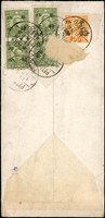 1942年河北寄天津快信封,背貼華北半值4分4方連,2角1枚(Scott#8N8,33),銷泊頭鎮三十一年十月十六,天津16.10.31到戳(Page 146)