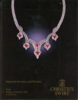 CHIRISTIE'S SWIRE TAIPEI精緻珠寶及手錶拍賣目錄一本,10.OCT.1993;原計畫在台北舉行的公開拍賣會,因故臨時取消改到香港希爾頓酒店舉行,附更改請柬(Page 239)