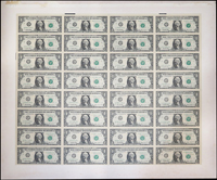 美國(AMERICA)1993年華盛頓像1元32連張連體鈔(63.3*53.5cm),貼於紙板上,90新(此項僅提供台灣本島郵寄)(Page 73)