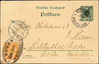 德國加蓋China客郵片並加貼蟠龍1分1枚,銷17/3.09青島德國客郵戳及17.MAR.1909膠州郵政局橢圓戳,德國LICHTENTHAL 28.4.09到戳  源流:郵史研究第28期『膠州郵史續探』第20頁原件,2011.4海峽兩岸郵史研究會出版(Page 15)