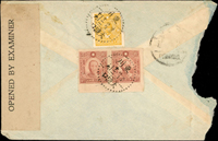 1943年東川寄美國航空檢查封,背貼國父像百城一版無齒10元橫雙連,中信版3元1枚,銷東川/大渡口三二年四月十二,加貼檢查封條並銷DHF/11檢查章,封左側撕去部分(Page 46)