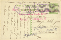 韓目#12.一版帆船1分郵資片,銷戰時俘虜郵件戳及西苑收容所檢查訖戳寄德國,有德國1919.4.8落地戳,張愷升舊藏,罕見  註:中國郵戳史第十冊第139頁原件(Page 49)