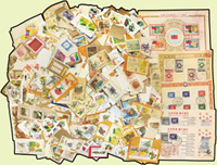 台灣郵品一組:(1)各時期未洗舊票約2100枚,多數為中近期郵票,品種豐富,品像混合,未挑選可能有好戳,VF-F;(2)總統府贈1996年第九任總統、副總統就職紀念郵票專冊1本,內有小全張1枚,套票首日封1封,VF:(3)中早期未使用首日局封70封,部分有斑點,F-VF;(4)外展封3封,含:1981年加州郵展.1974年邁阿密郵展.1976年美國中華集郵會加州區郵展;(5)郵資片:鄭像2角加貼一莒2角1枚軍人專用片,1片實寄.1片銷癸戳,一.二莒2角片銷癸戳各1片,一莒2角片銷紀戳1片,二莒4角賀片1片(汙黃),共6片