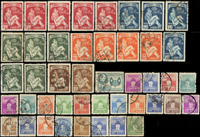 台灣早期舊票82枚,包括:臺灣省三七五減租紀念有齒1.4元.4角.5元.2角.1元,鄭成功像2元.1元.8角.5元.2角.4角.5角,臉譜6元,前十八寶等,多重複,VF-F(Page 68)